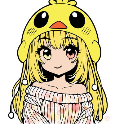 anime girl with chick shaped hat with sweater with bare shoulders with bangs covering them one eye with low tail