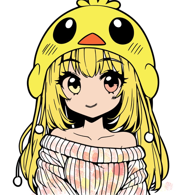 anime girl with chick shaped hat with sweater with bare shoulders with bangs covering them one eye with low tail