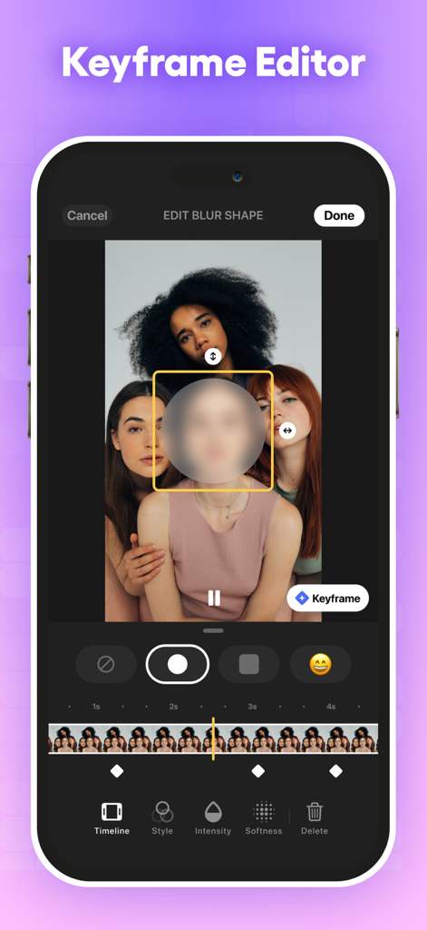 Blur Video· - Video editing interface showing keyframe controls to blur a face
