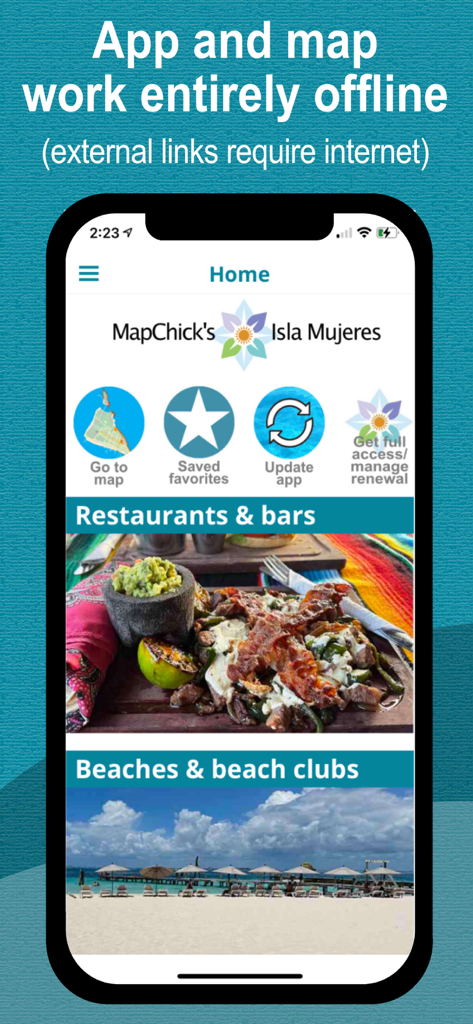 MapChick's Isla Mujeres - MapChicks Isla Mujeres app home screen featuring offline maps restaurants and beach club guides