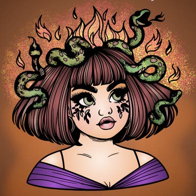 a plus size girl with short hair and snakes coming off her head like medusa, and flames in her eyes, beautiful and realistic