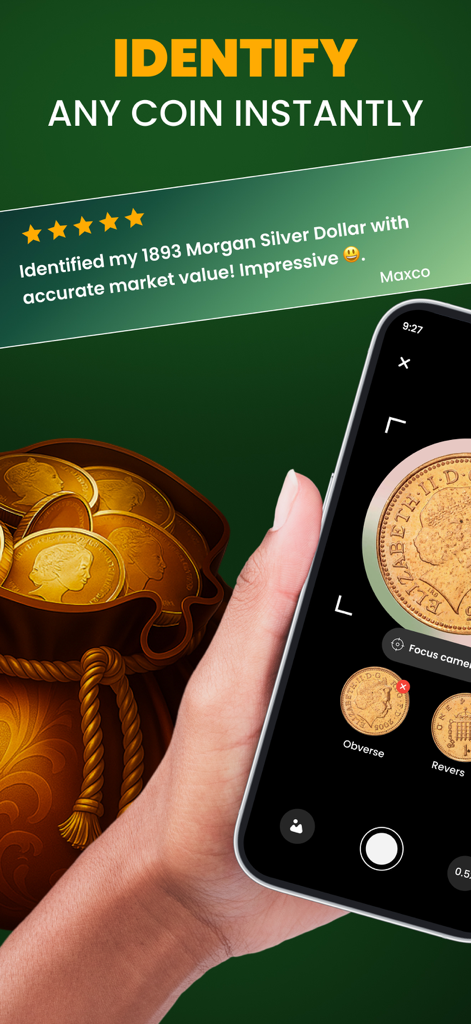 Coin Identifier: Coin ID Scan - Una mano sosteniendo un smartphone usando la aplicación Identificador de Monedas para escanear una moneda de oro para identificación instantánea y valor de mercado