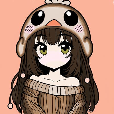 anime girl with chick shaped hat with sweater with bare shoulders with bangs covering them one eye with low tail