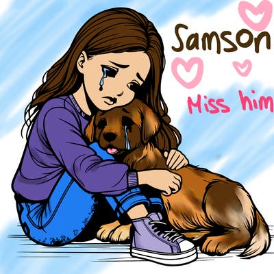 realistic girl crying with a realistic dog laying on her lap