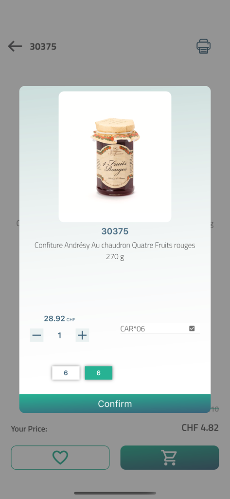 VGPeem - ecommerce solution - VGPeem app product detail view with quantity selection and price for a jam jar
