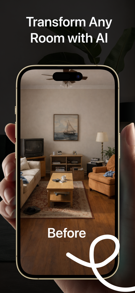 AI Room Design - Decor - Smartphone zeigt ein Wohnzimmer vor der Verwendung der AI Room Design App für ein Interior Makeover
