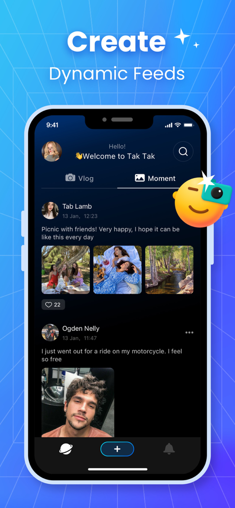 TakTak - Live Call, Girls Chat - Interface of the TakTak app showing user posts and photos in a social media feed.