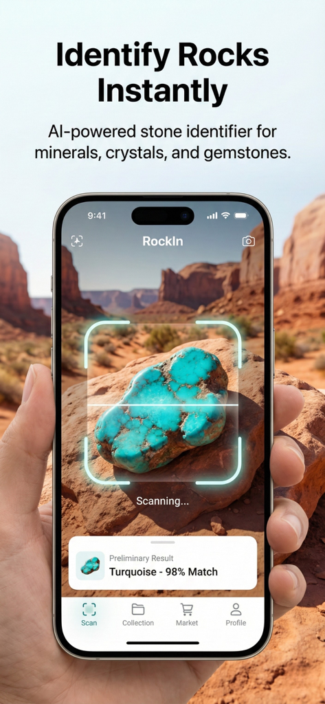RockIn Rock & Mineral identify - Una mano sosteniendo un smartphone usando la aplicación RockIn para identificar una piedra de turquesa en un paisaje desértico