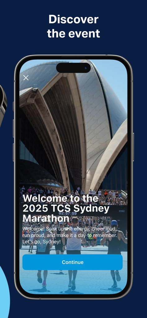 TCS Sydney Marathon - Welcome screen of the TCS Sydney Marathon mobile app featuring the Sydney Opera House background