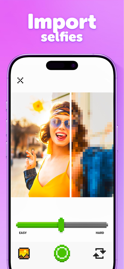 Interface of the Unicorn app showing a feature to convert personal selfies into pixel art for coloring by number with a difficulty slider.
