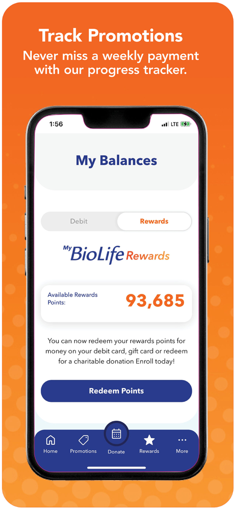 BioLife Plasma Services - 포인트 사용 버튼이 있는 BioLife 앱 보상 포인트 잔액을 보여주는 모바일 화면.