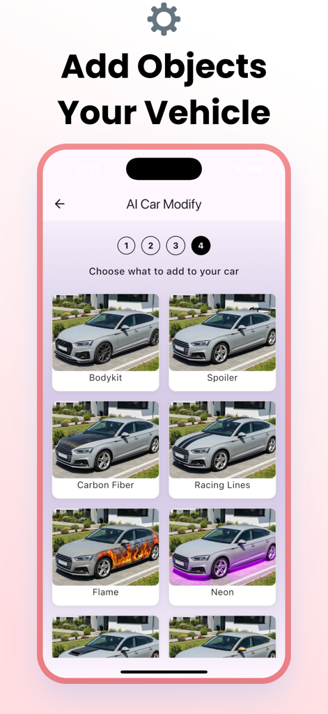 AI Car Design: Custom Maker - Ein Handy-App-Bildschirm, der verschiedene Automodifikationsoptionen zeigt, darunter Bodykits, Spoiler und Neonlichter