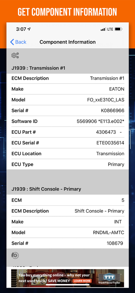 A detailed view of truck transmission and ECM component information in the Diesel Decoder mobile app