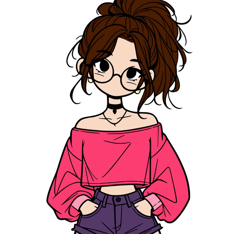 girl with a messy ponytail glasses a baggy crop top and jean shorts