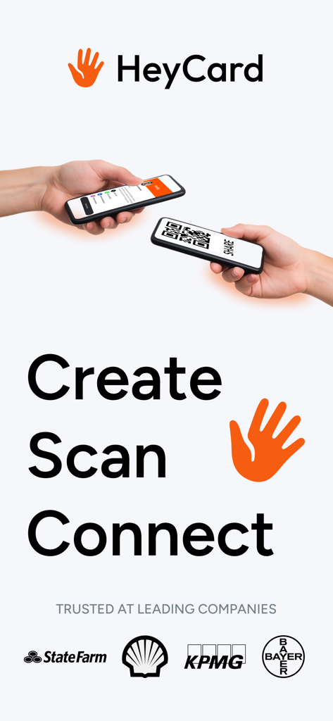 HeyCard Business Card Creator - Due smartphone si scambiano informazioni di biglietti da visita digitali tramite codice QR con il testo Crea Scansiona Connettiti.