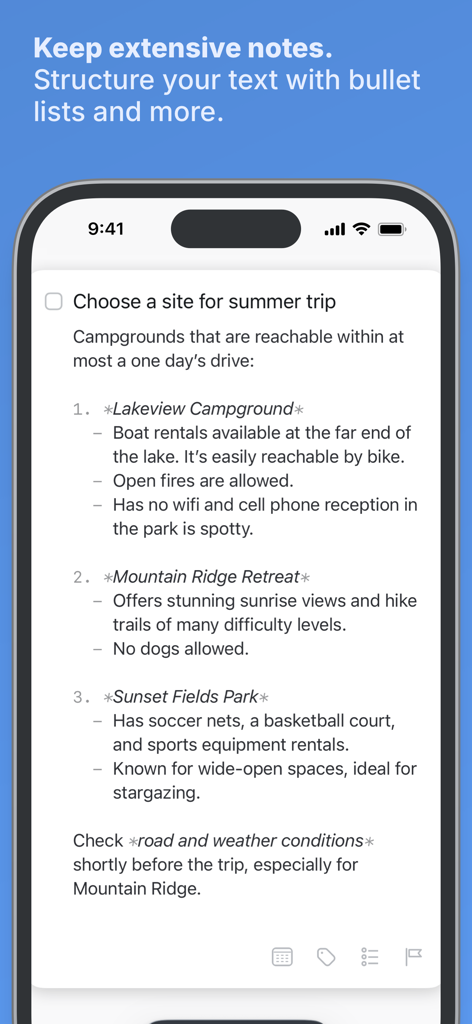 Things 3 - Una tarea en Things 3 que muestra notas estructuradas con puntos y formato markdown.