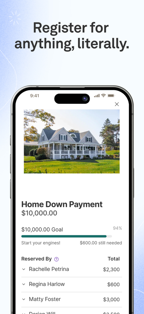 Joy app screen showing a custom wedding registry for a home down payment with progress tracking and a list of guest contributions.