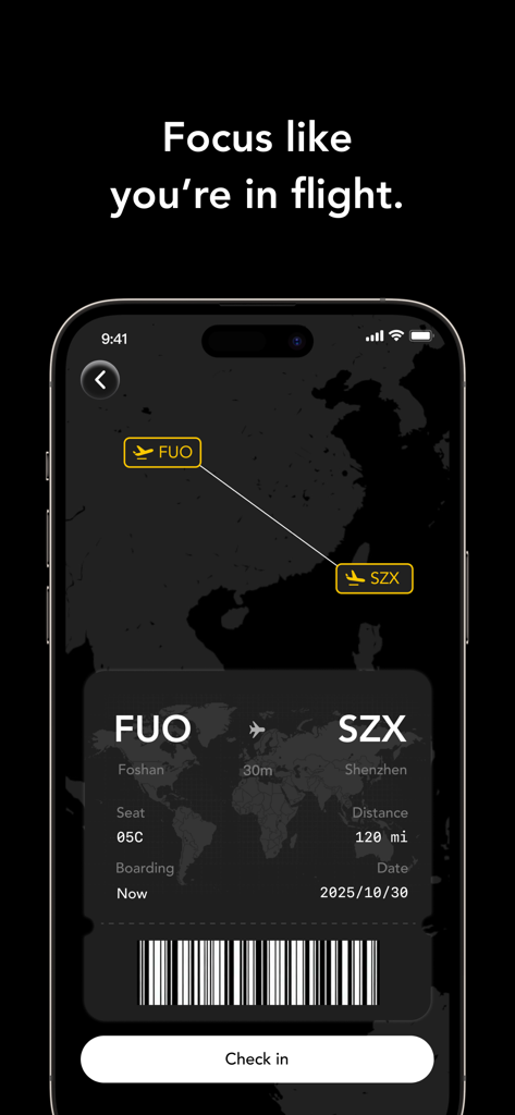 CloudFocus app interface showing a virtual flight boarding pass and check in button for a deep focus session