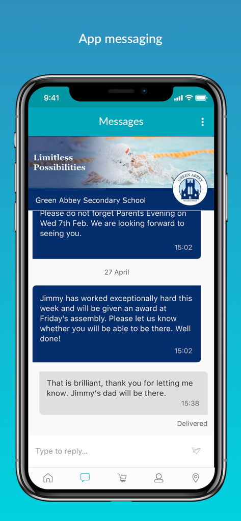 School Gateway - Messaging interface of the School Gateway app showing a conversation between a parent and a school about student progress and events