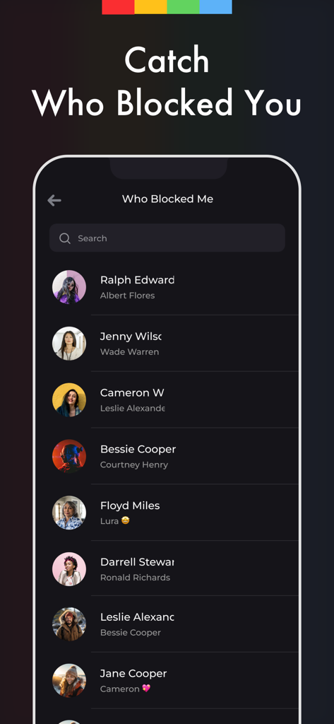 Reports Unfollowers Followers+ - A smartphone screen displaying a list of social media profiles under the title Who Blocked Me.