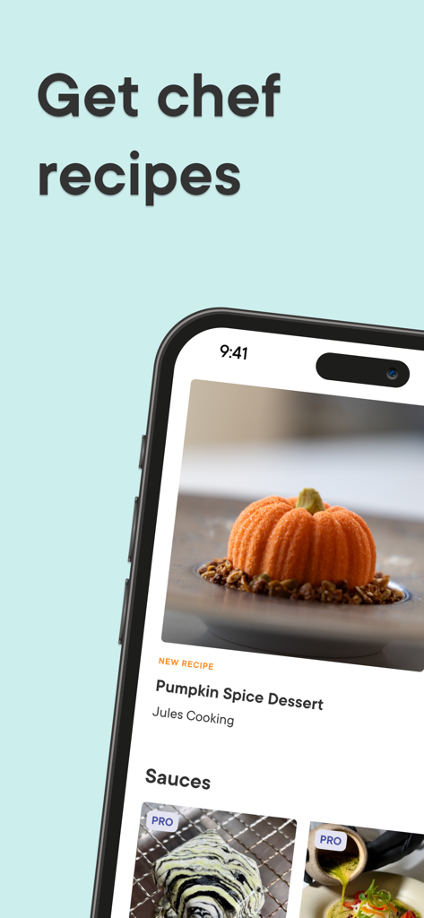 Gronda mobile app display featuring a professional pumpkin spice dessert recipe and sauce masterclasses for chefs