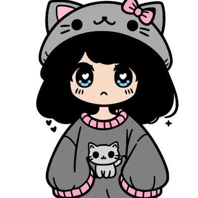 cute girl with an oversized cat sweatshirt and a cat hat