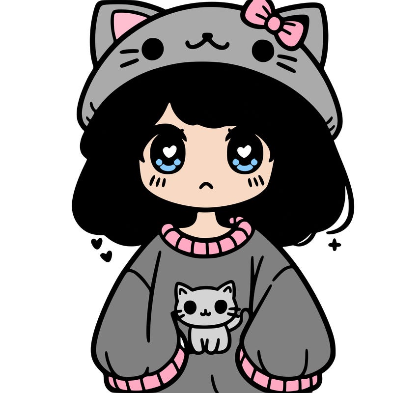 cute girl with an oversized cat sweatshirt and a cat hat