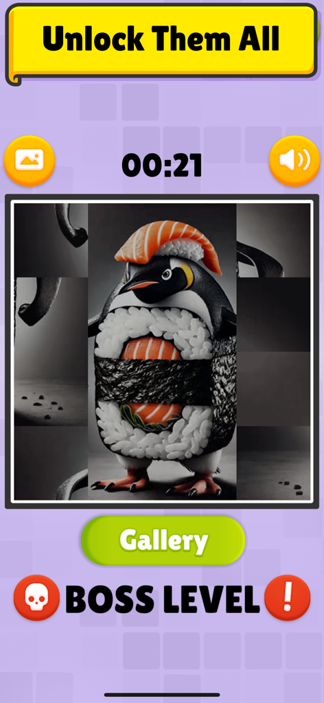 Brainrot Puzzle: Meme Animals - Tela de jogo do Brainrot Puzzle mostrando um nível de chefe com um meme de pinguim sushi e um botão de galeria.