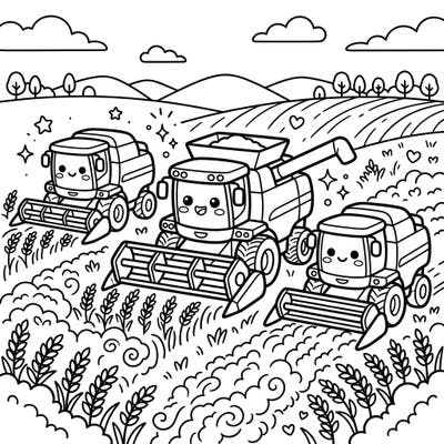 Get ready for a super cute farm adventure with our Kawaii Combine Harvesters coloring page! These adorable machines are busy in the fields, just waiting for you to bring them to life with vibrant colors.