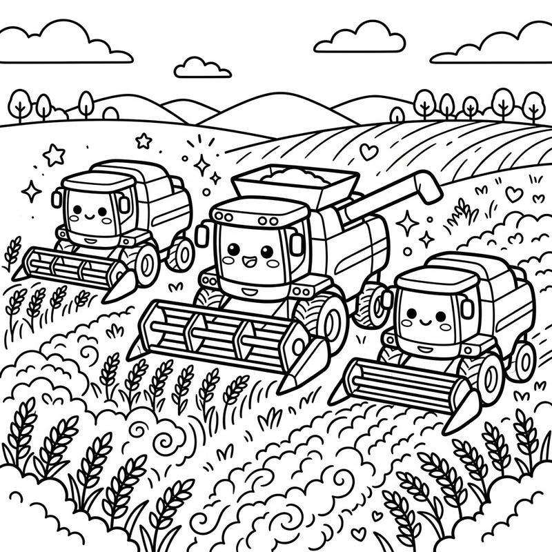 Get ready for a super cute farm adventure with our Kawaii Combine Harvesters coloring page! These adorable machines are busy in the fields, just waiting for you to bring them to life with vibrant colors.