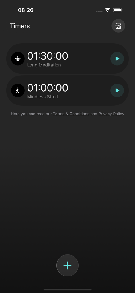 Hauptoberfläche der Gong Timer App zeigt eine Liste von Meditations- und Aktivitäts-Timern in einem minimalistischen Dark-Mode-Design