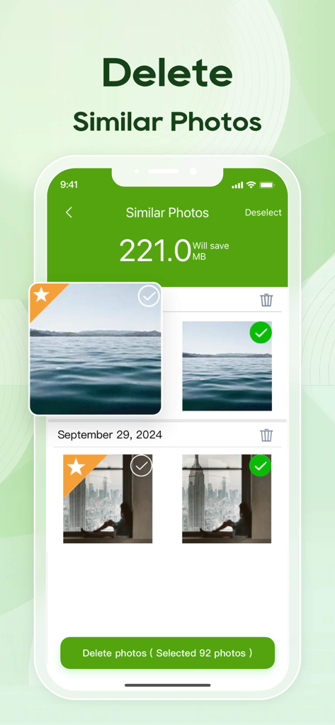MobileSecurity app interface showing the delete similar photos feature to free up storage space
