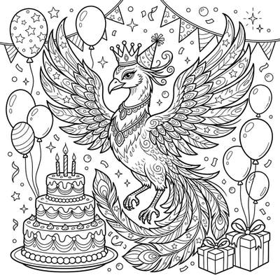 Unleash your creativity with this enchanting Royal Phoenix birthday coloring page, perfect for celebrating in majestic style. Dive into a world of intricate details featuring a grand phoenix amidst festive cakes, balloons, and gifts.