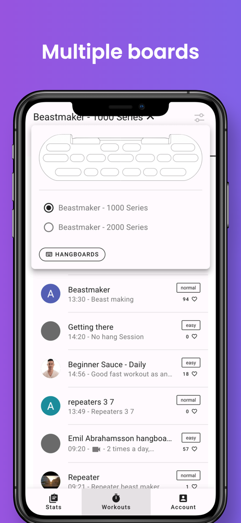 HangTime - Hangboard Training - HangTime app screen showing the selection of different hangboard models and a list of available climbing workouts