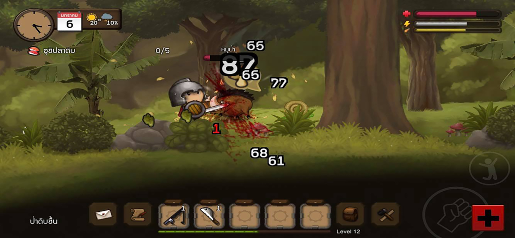 Santhai - A 2D side-scrolling combat scene in Santhai where a warrior character fights a wild boar in a forest