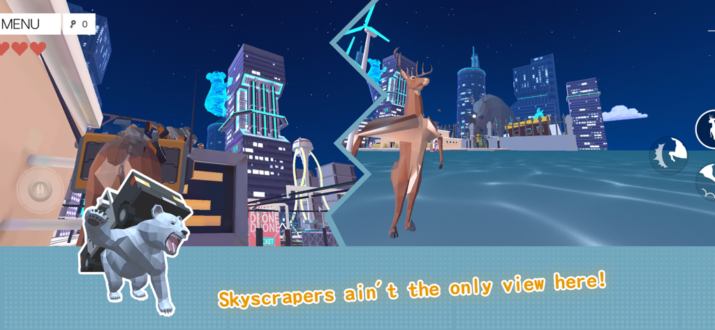 DEEEER Simulator: Future World - Ein Reh steht in einer futuristischen Stadt auf dem Wasser mit einem Roboterbären in DEEEER Simulator Future World.