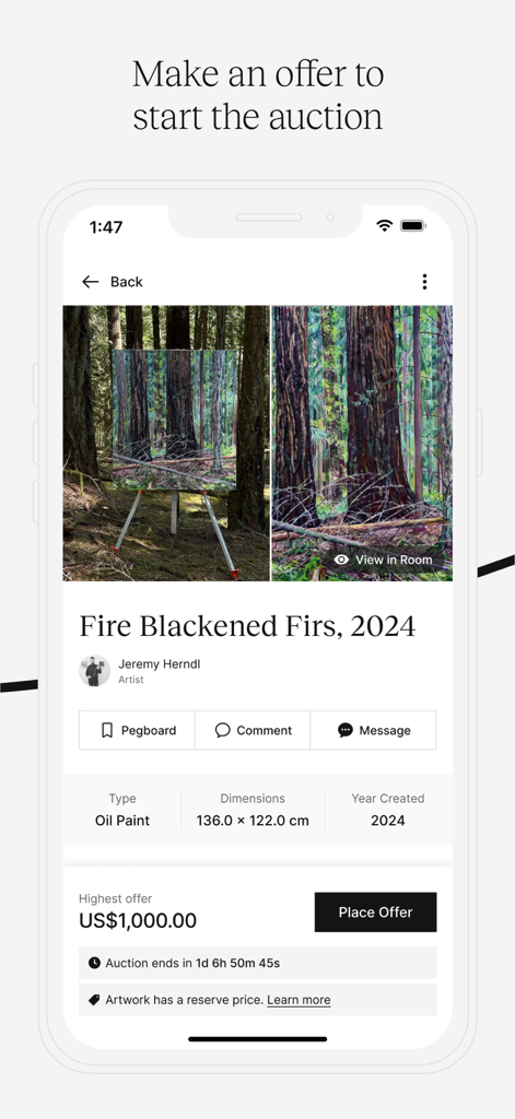 Peggy - Buy and Sell Art - Peggy mobile app screen showing a fine art painting auction for Fire Blackened Firs by Jeremy Herndl with a place offer button