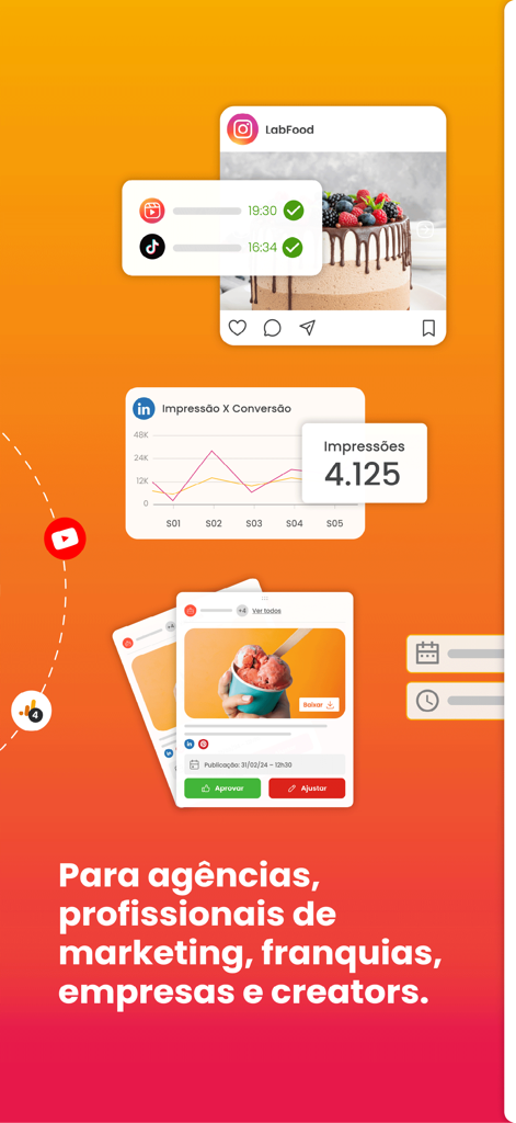 mLabs - mLabs app interface showing social media scheduling across TikTok and Instagram, LinkedIn analytics reports, and post approval workflows for agencies and creators.