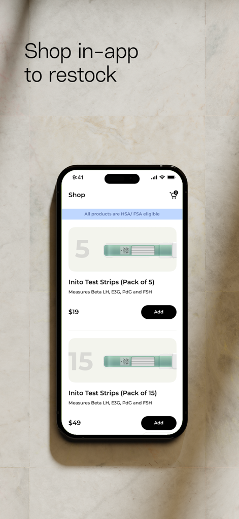 Pantalla de la tienda Inito que muestra paquetes de tiras de prueba de hormonas disponibles para su compra
