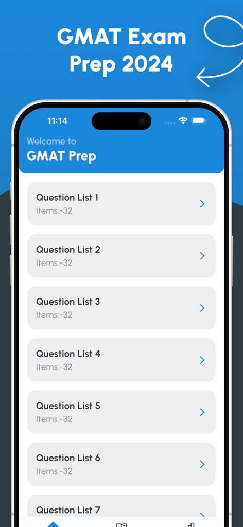 Mobiler Bildschirm mit einer Liste von GMAT-Übungsfragekategorien in der Prüfungsvorbereitungs-App.