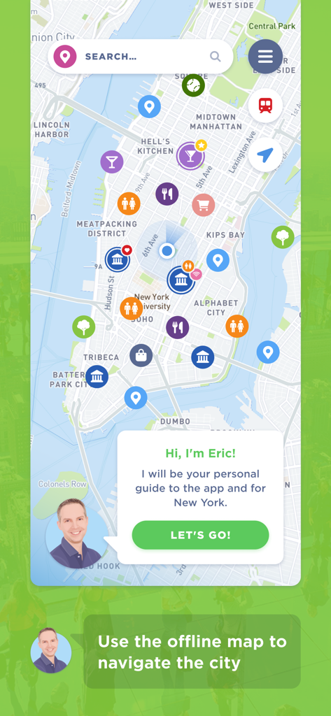 Offline map of New York City in the app showing various points of interest and a welcome message from Eric the travel guide