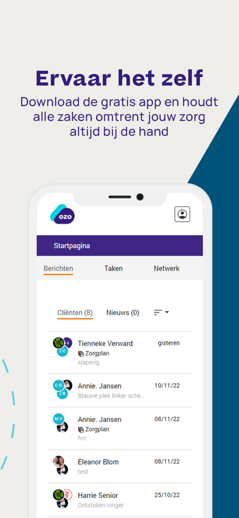OZO care app dashboard showing a list of clients and recent messages for coordinated healthcare management