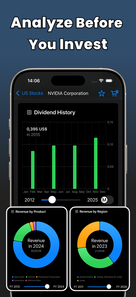 Portfolio Tracker: Finance Bay - Interface do aplicativo Finance Bay mostrando análise de ações da NVIDIA, incluindo gráfico de barras do histórico de dividendos e detalhamento de receita por produto e região em gráficos de rosca