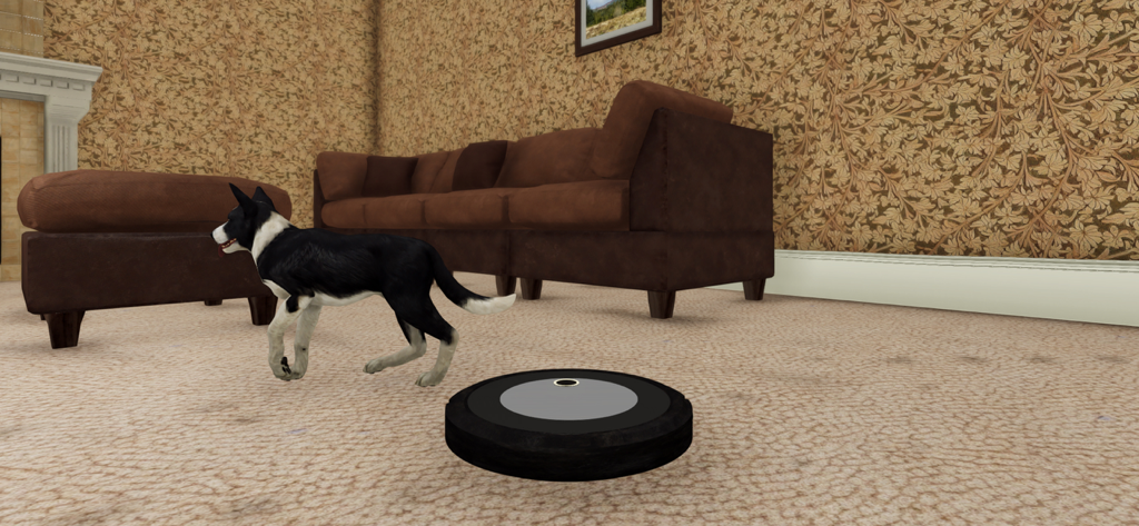 Robot Room Cleaner - A robot vacuum cleaner navigating a carpeted living room near a black and white dog.