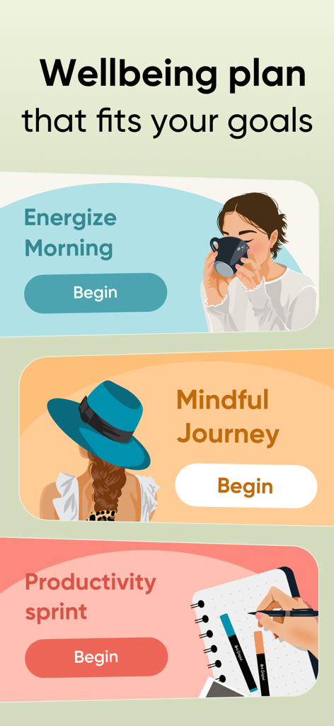 Liven - Screenshot der Liven App, die personalisierte Wohlfühlpläne für Morgenroutinen und Produktivität anzeigt