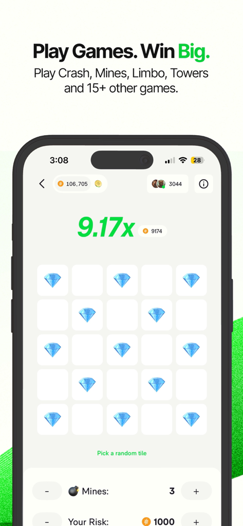 Interface of the Mines game in the Ember app featuring a grid of diamonds and a reward multiplier