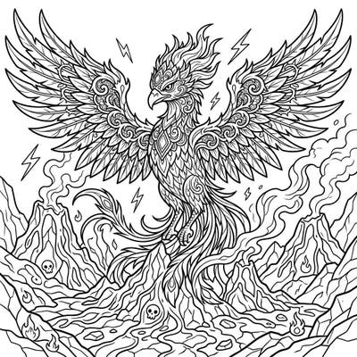 Immerse yourself in the dramatic world of our Gothic Volcanic Phoenix coloring page. This intricate design blends fiery power with dark elegance, perfect for a captivating artistic escape.