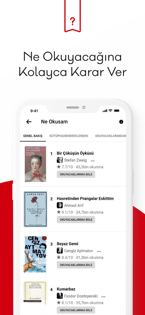 1000Kitap app interface showing a list of book recommendations with ratings and covers
