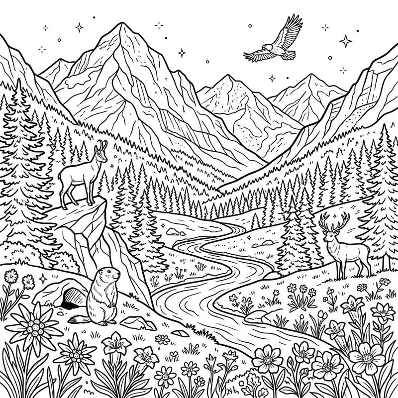 Journey to the heart of the mountains with this stunning alpine valley coloring page, brimming with natural beauty. Discover detailed wildlife, towering peaks, and vibrant flora waiting for your creative touch.