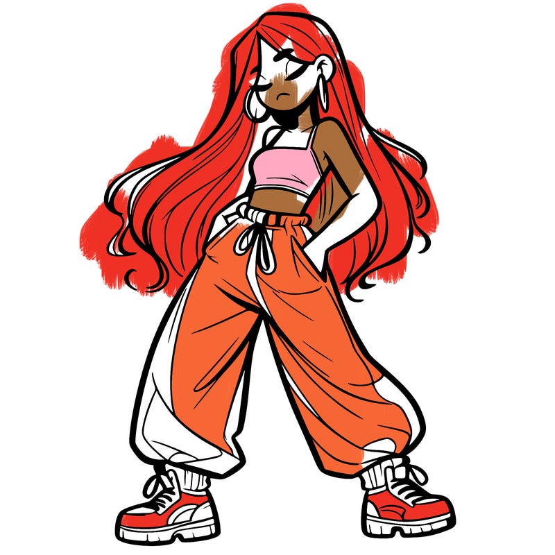 girl in baggy pants crop top and long hair